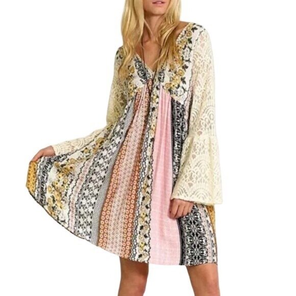 Mixed Print Lace Bell Sleeve Mini Dress | Boho Coastal Cowgirl Whimsigoth Indie - Picture 11 of 12